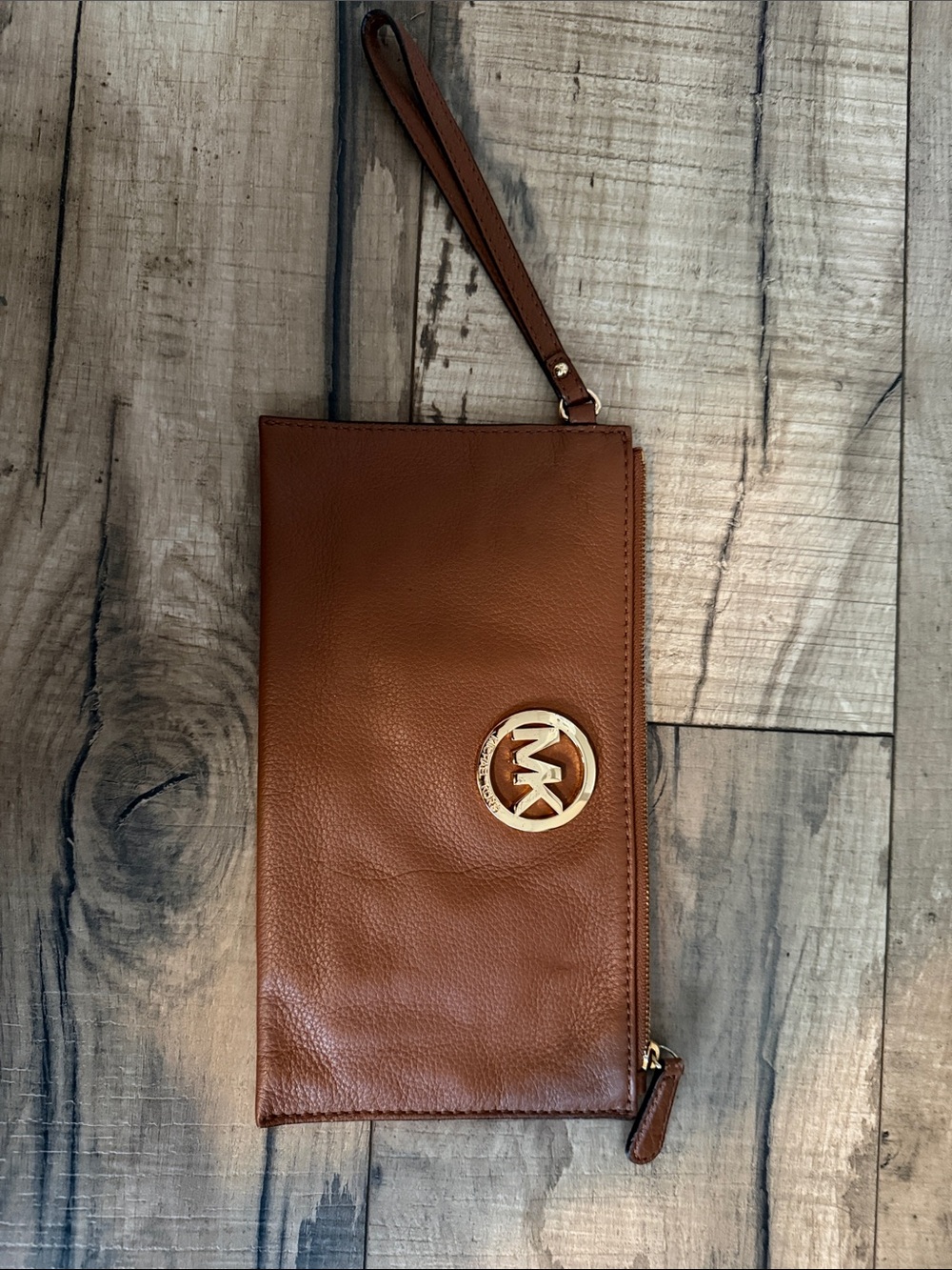 Michael Kors Cognac Leather Wristlet Clutch with Gold Logo